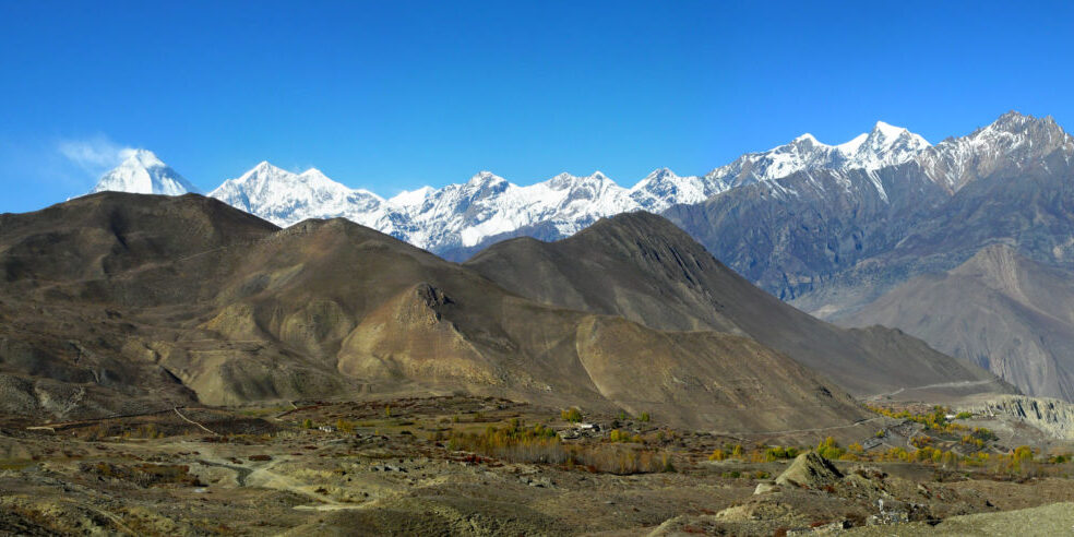 Panoramic veiw of the Himalayan Mountains and Dhaulagiri mount after Thorong La pass, Muktinath, Nepal.